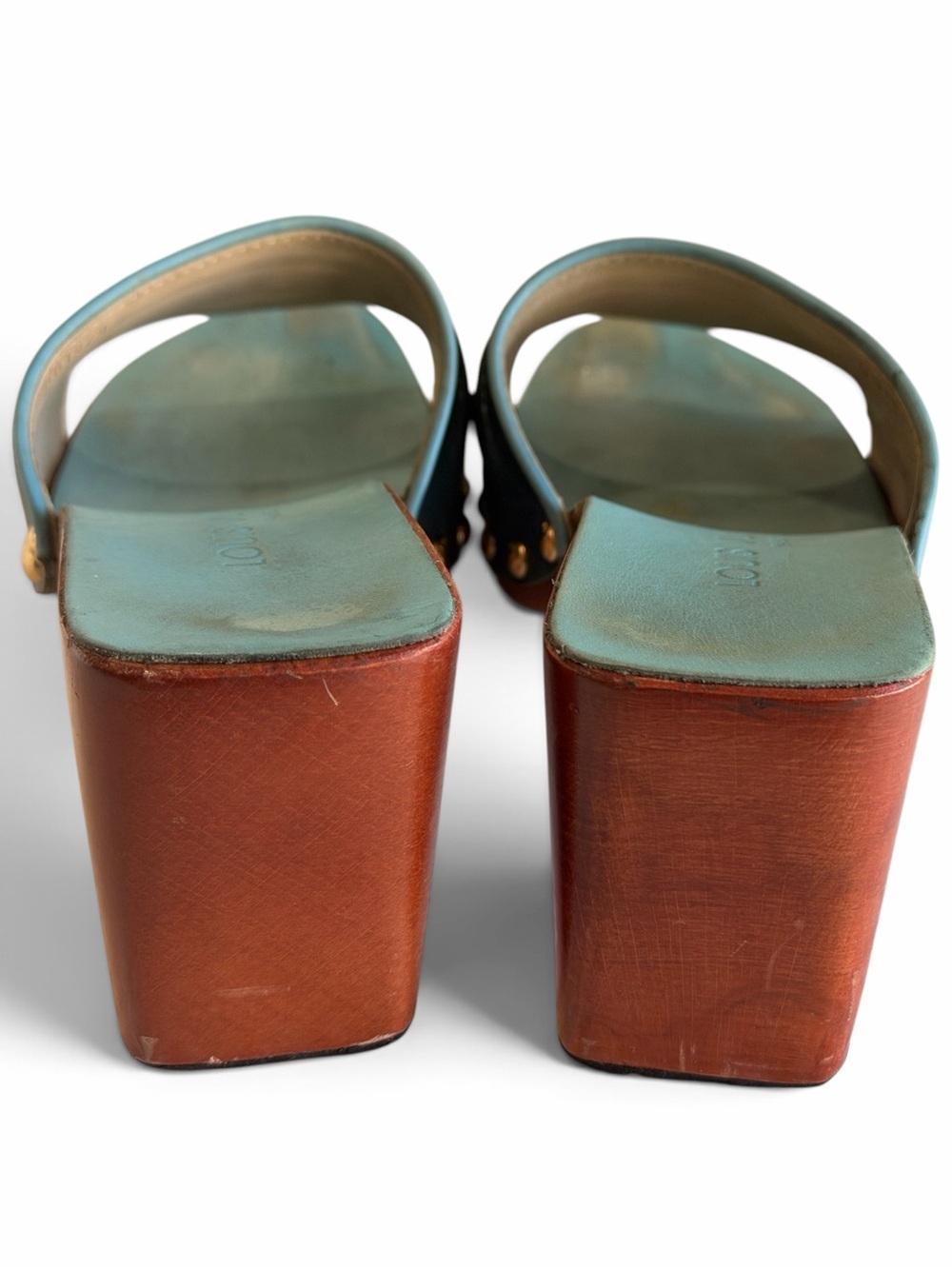 Louis Vuitton Vintage 1999 Studded Wooden Mules Clogs Teal Aqua 36 Y2K - Picture 6 of 9
